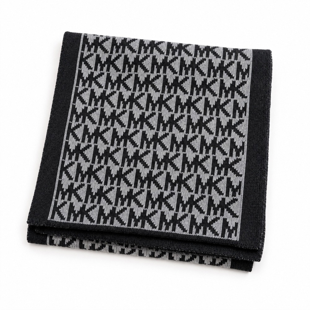 Michael Kors MK Logo Knit Scarf Womens Black Grey Monogram Winter ‎ Quiet Luxury